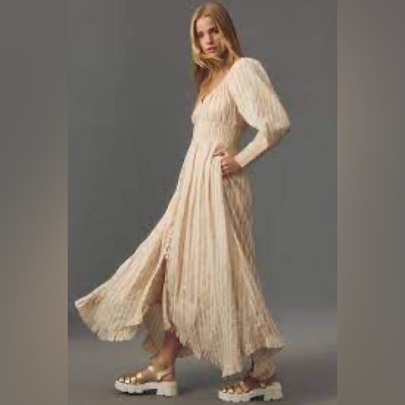 By Anthropologie Long-Sleeve Sweetheart Midi Dress-Neutral Stripe-Size M-NWT - Picture 2 of 7